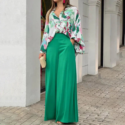 Ensemble 2 pièces élégant : haut chemise imprimé et pantalon large assorti