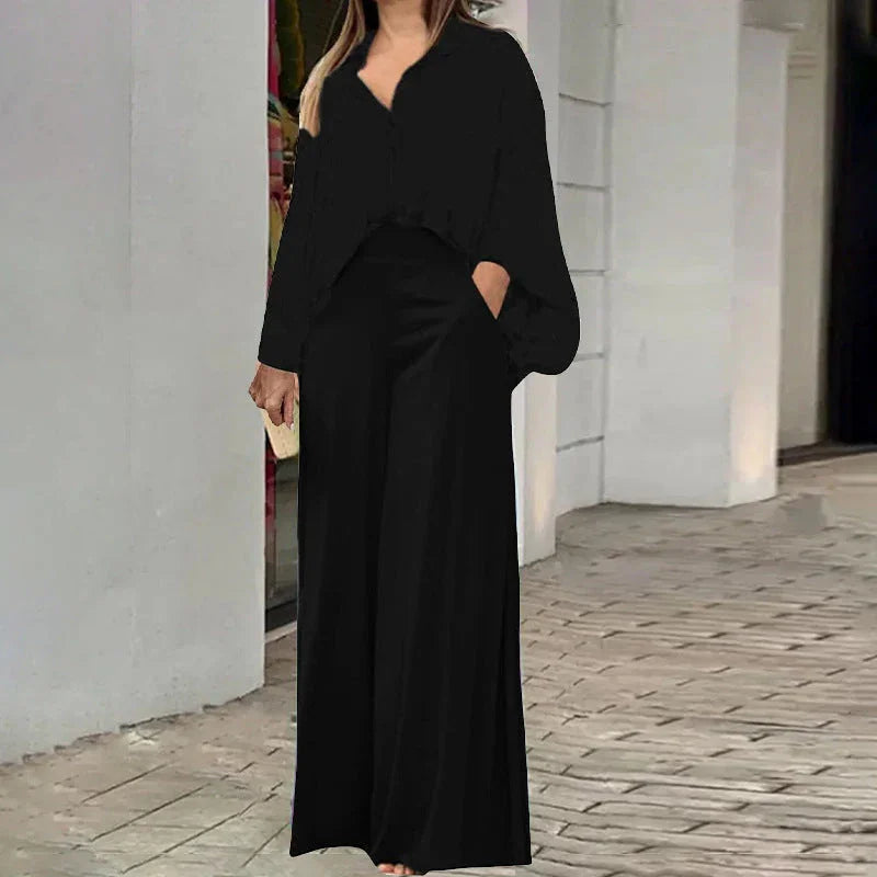 Ensemble 2 pièces élégant : haut chemise imprimé et pantalon large assorti