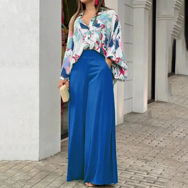 Ensemble 2 pièces élégant : haut chemise imprimé et pantalon large assorti