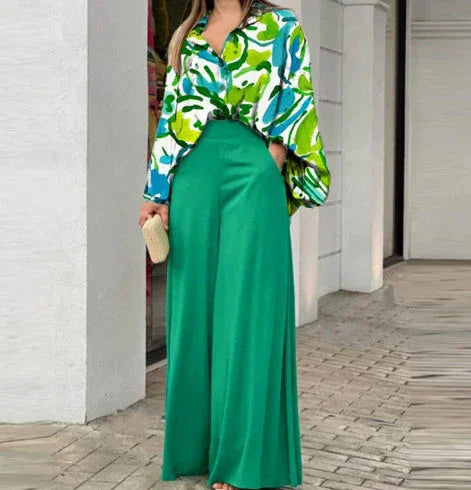 Ensemble 2 pièces élégant : haut chemise imprimé et pantalon large assorti