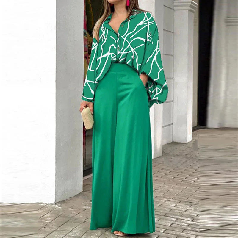 Ensemble 2 pièces élégant : haut chemise imprimé et pantalon large assorti