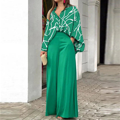 Ensemble 2 pièces élégant : haut chemise imprimé et pantalon large assorti