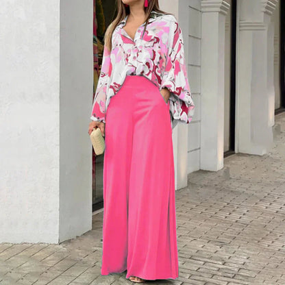 Ensemble 2 pièces élégant : haut chemise imprimé et pantalon large assorti