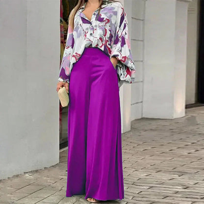 Ensemble 2 pièces élégant : haut chemise imprimé et pantalon large assorti