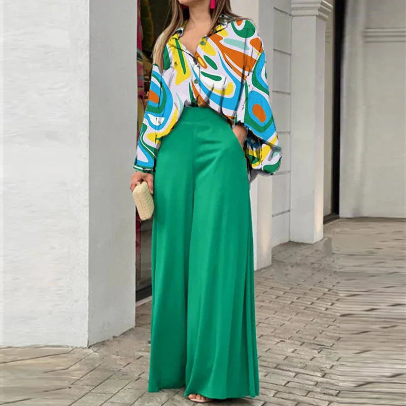 Ensemble 2 pièces élégant : haut chemise imprimé et pantalon large assorti