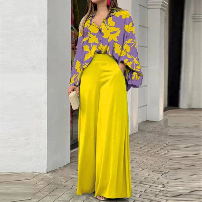Ensemble 2 pièces élégant : haut chemise imprimé et pantalon large assorti