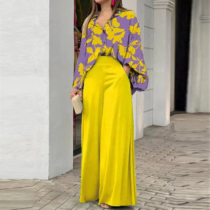 Ensemble 2 pièces élégant : haut chemise imprimé et pantalon large assorti