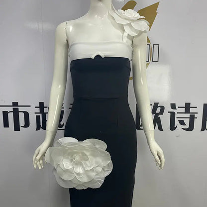 Embroidered Flower Black Long Tube Top Dress Wedding Evening Party Cocktail Dress
