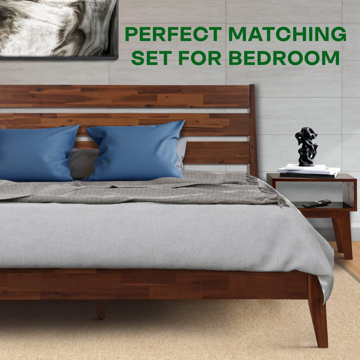 Emery Bed Frame & Nightstand Set - Acacia Solid Wood Bedroom Furniture