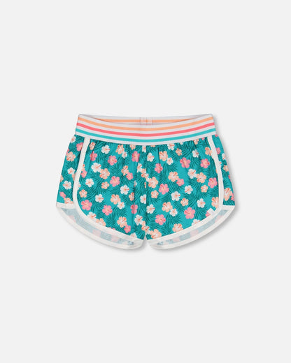 Striped Waist Viscose Short Turquoise Printed