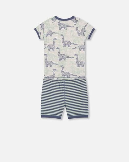 Organic Cotton Two Piece Short Pajama Set Heather Beige Printed Dinosaurs