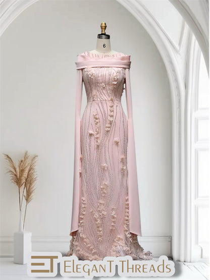 Robe de soirée pudique à manches cape fleuries