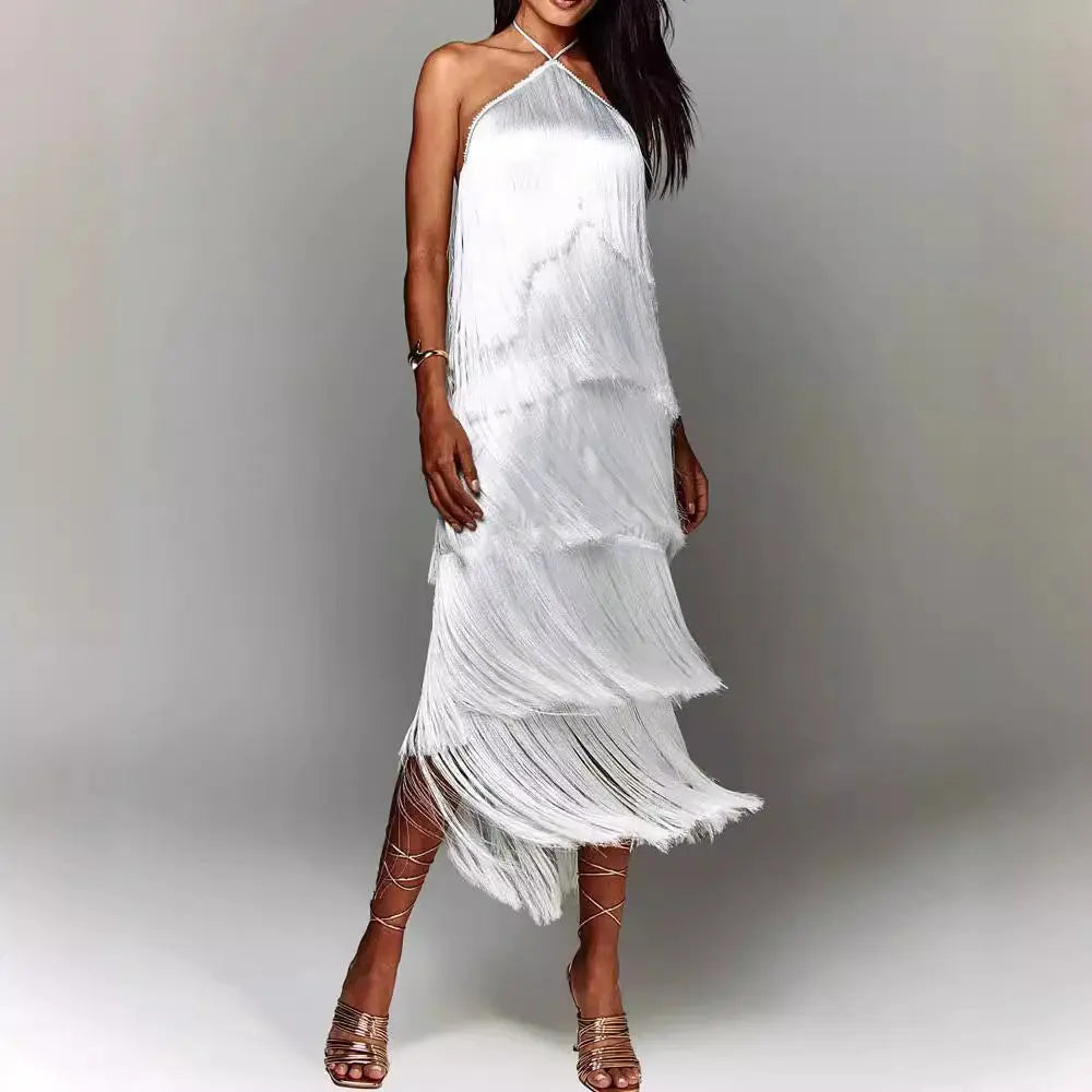 Fashion Halter Backless Sleeveless Tassel fringe  Dress