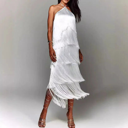 Fashion Halter Backless Sleeveless Tassel fringe  Dress