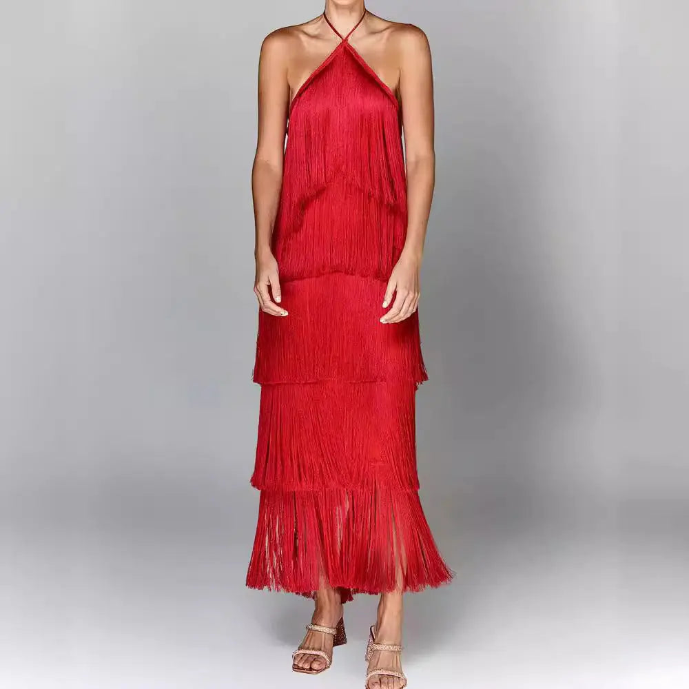 Fashion Halter Backless Sleeveless Tassel fringe  Dress