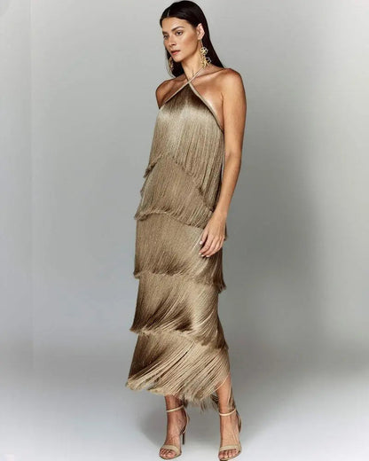 Fashion Halter Backless Sleeveless Tassel fringe  Dress