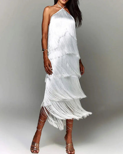 Fashion Halter Backless Sleeveless Tassel fringe  Dress