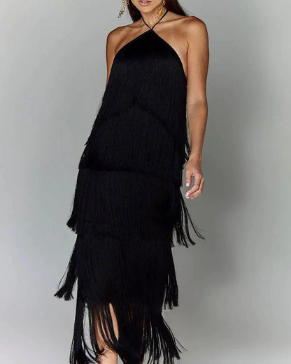 Fashion Halter Backless Sleeveless Tassel fringe  Dress