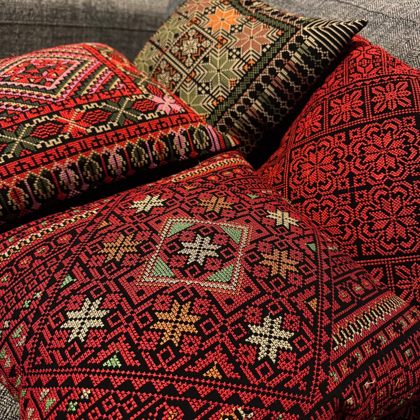 Tatreez Cushion Cover - Green with Orange | 16x16" Palestinian Embroidery
