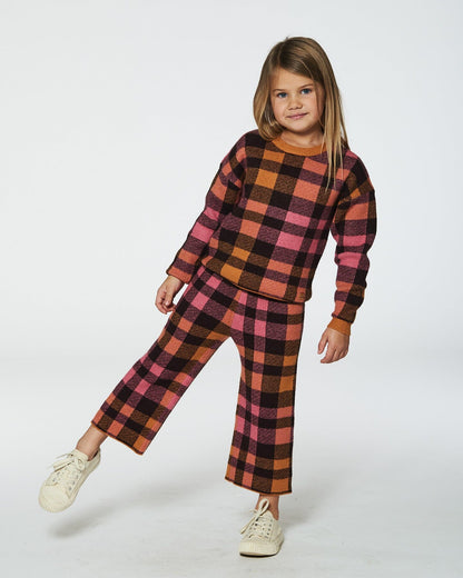 Cropped Wide Leg Pant Plaid Magenta And Brown