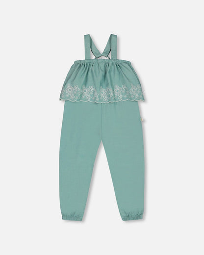 Combinaison salopette en chambray avec broderie bleu clair