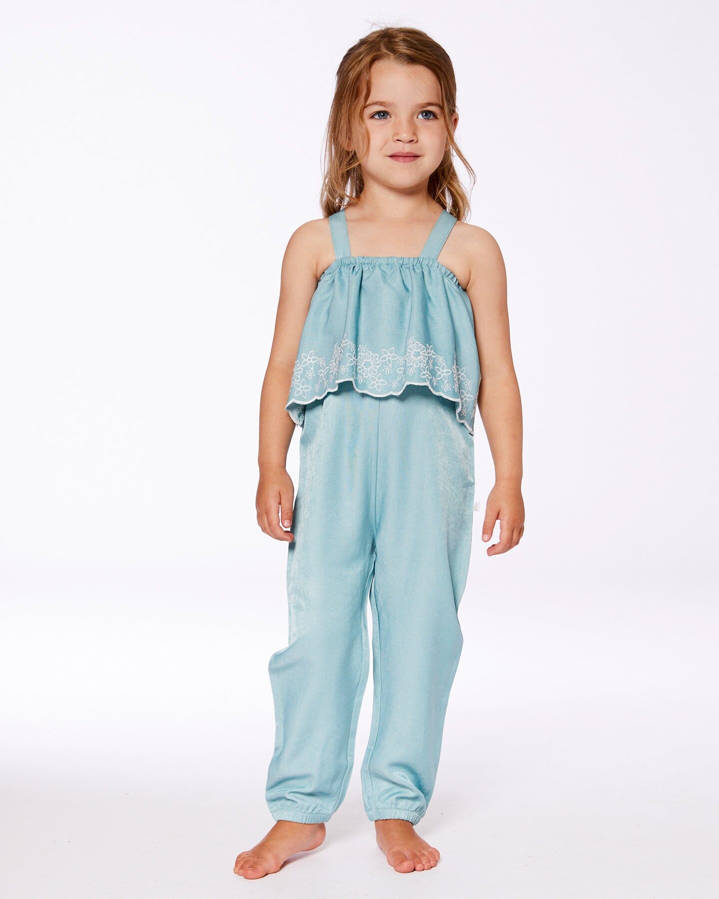 Combinaison salopette en chambray avec broderie bleu clair