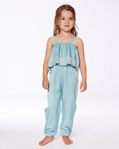 Combinaison salopette en chambray avec broderie bleu clair