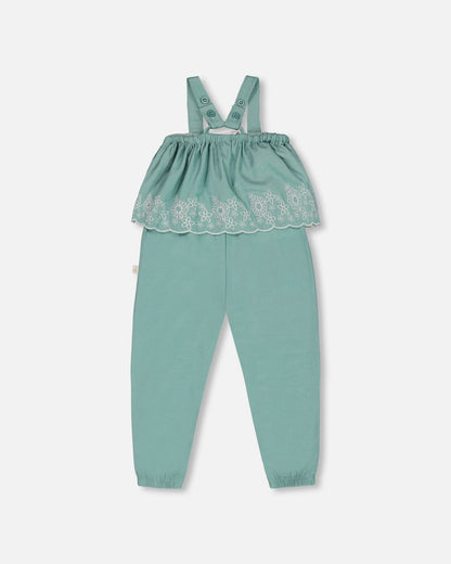 Combinaison salopette en chambray avec broderie bleu clair