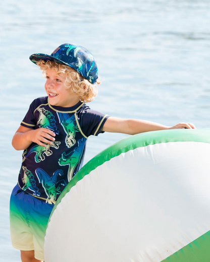 Short Sleeve Rashguard Blue And Green Dino On Navy