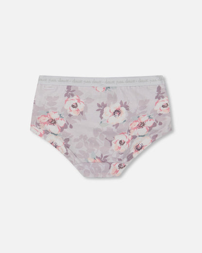 Printed Organic Cotton Boyshort Panty Pale Pink Flowers On Neutral Lilac