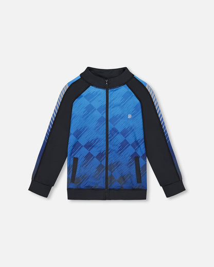 Printed Full Zip Athletic Cardigan Blue And Black