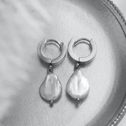 GAIA White Gold (Silver Toned):  Baroque Freshwater Pearls on Wide Mini Hoops