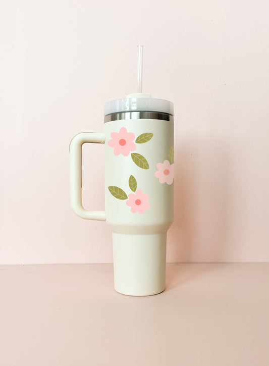 Gobelet isotherme 40oz - crème Fleurs maxi rose