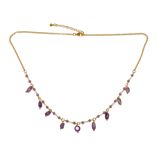 Collier Gouttelette en Plaqué Or avec Améthyste et Perles de Verre