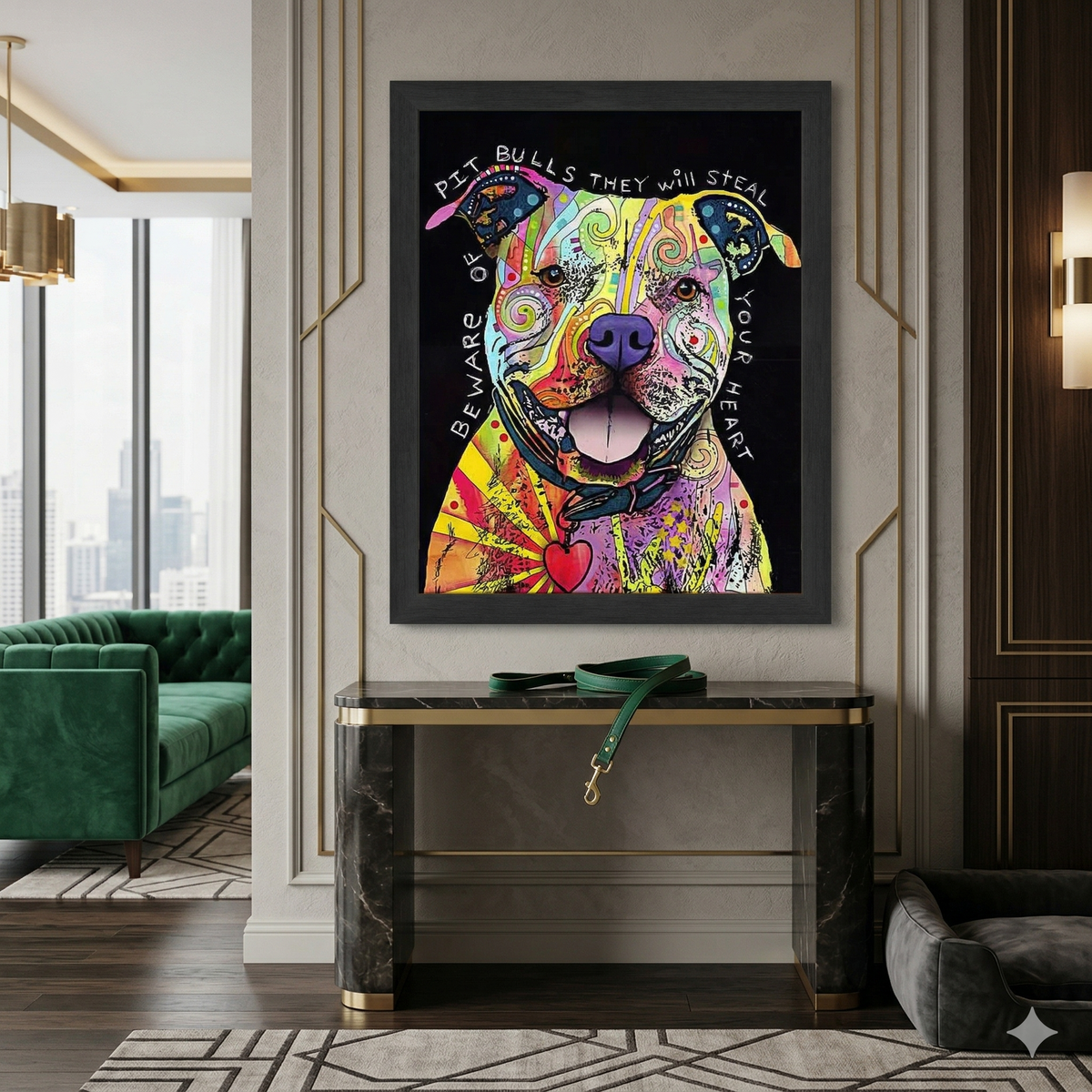 Beware of Pit Bulls Colorful Framed Canvas Wall Art (33.5x23.5)