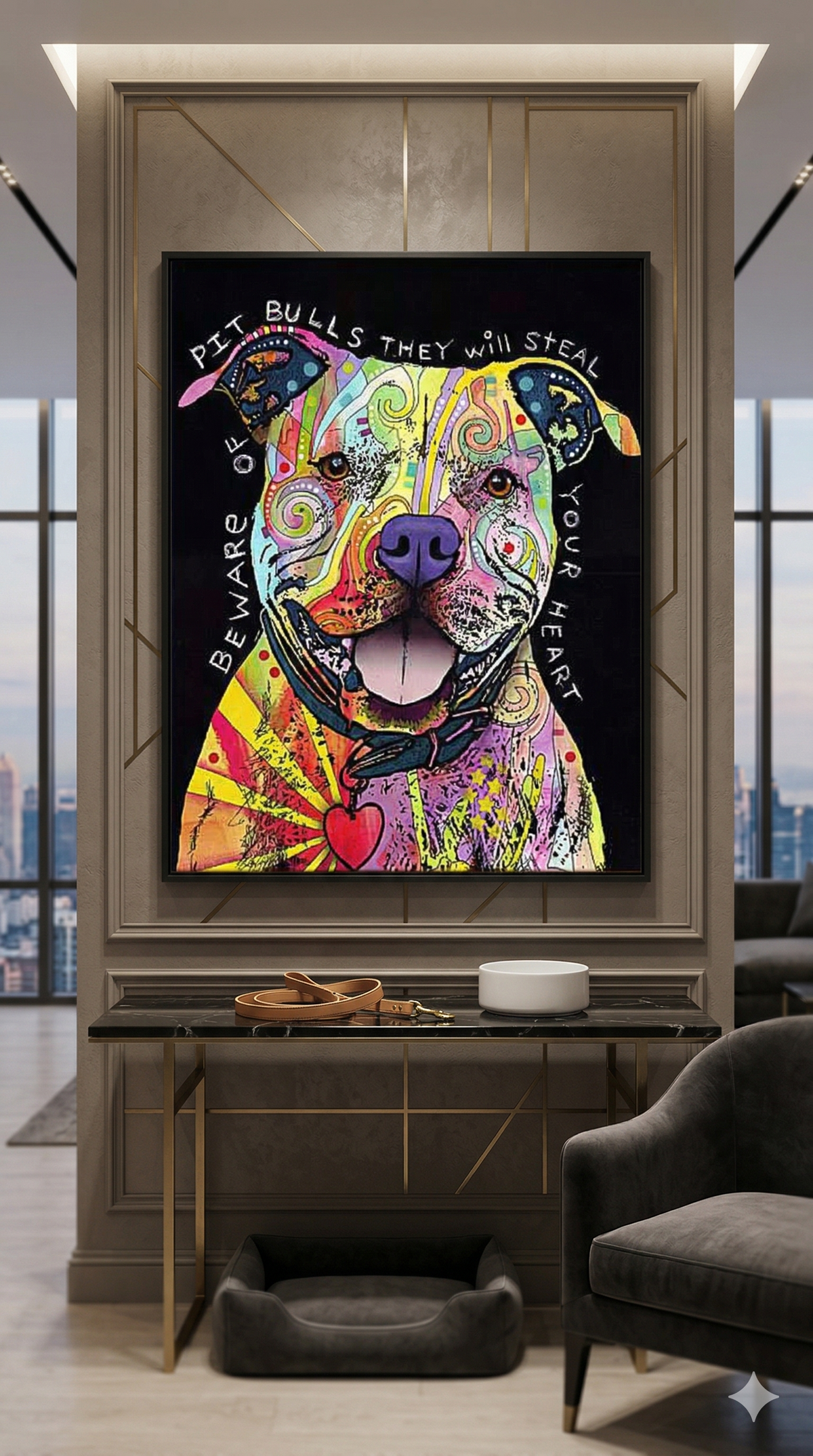 Beware of Pit Bulls Colorful Framed Canvas Wall Art (33.5x23.5)
