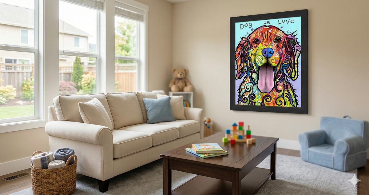 Love and a Dog Colorful Pop Art Framed Wall Decor (33.5x23.5)