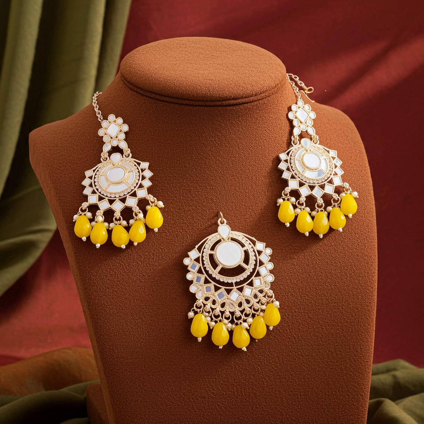 Boucles d'oreilles et ensemble Tikka miroirs fabriqués à la main – Bijoux ethniques