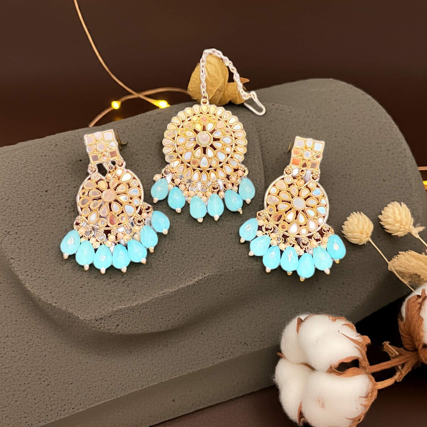 Boucles d'oreilles et ensemble Tikka miroirs fabriqués à la main – Bijoux ethniques