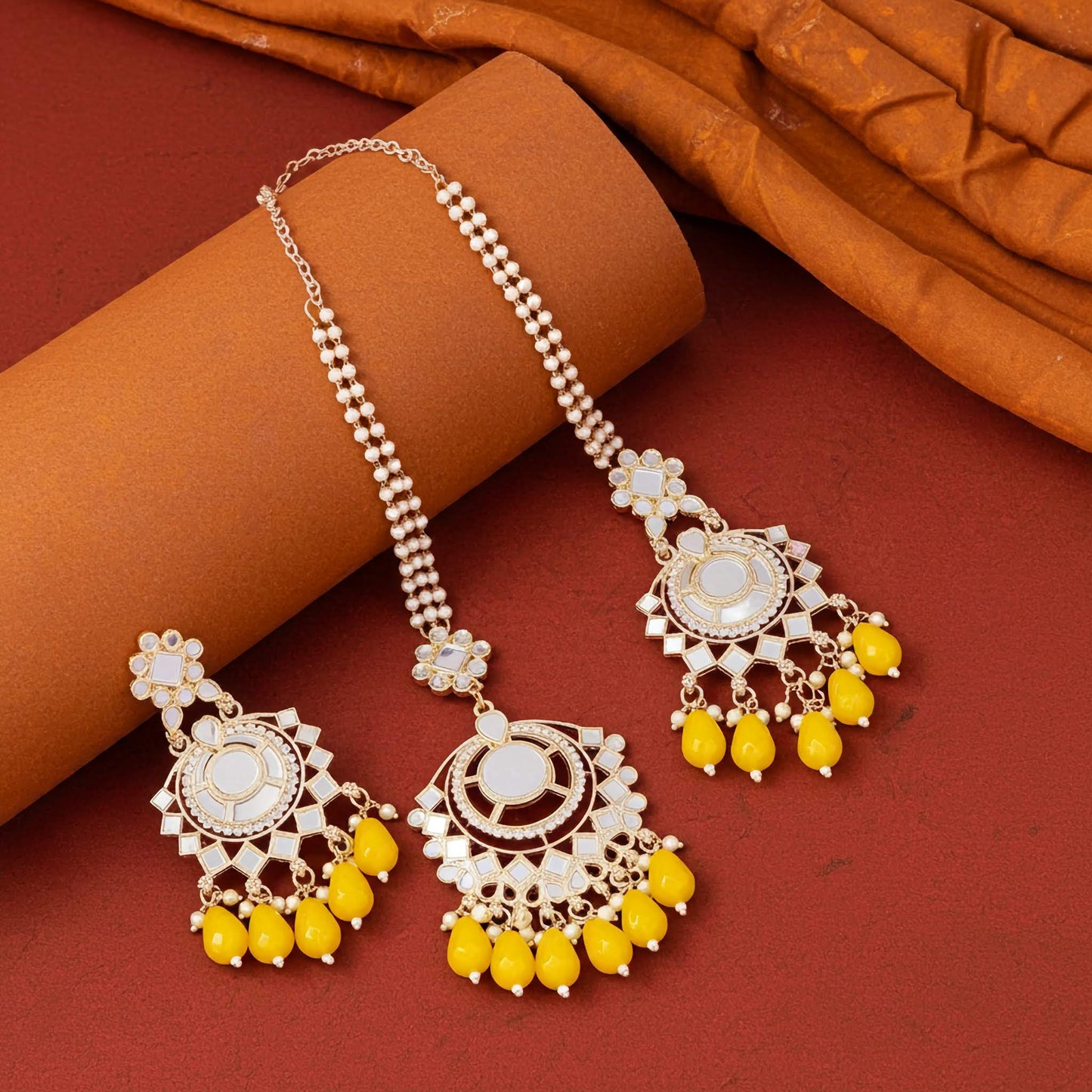 Boucles d'oreilles et ensemble Tikka miroirs fabriqués à la main – Bijoux ethniques
