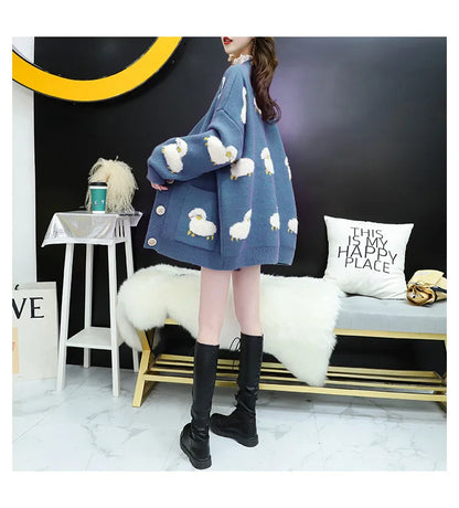 Women Winter Knit Sweater Coat V Neck Sheep Cardigans Christmas Sweaters Warm Knitted Sueter Mujer Loose Long Sleeve Jacket