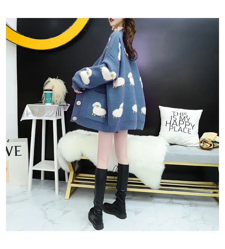 Women Winter Knit Sweater Coat V Neck Sheep Cardigans Christmas Sweaters Warm Knitted Sueter Mujer Loose Long Sleeve Jacket