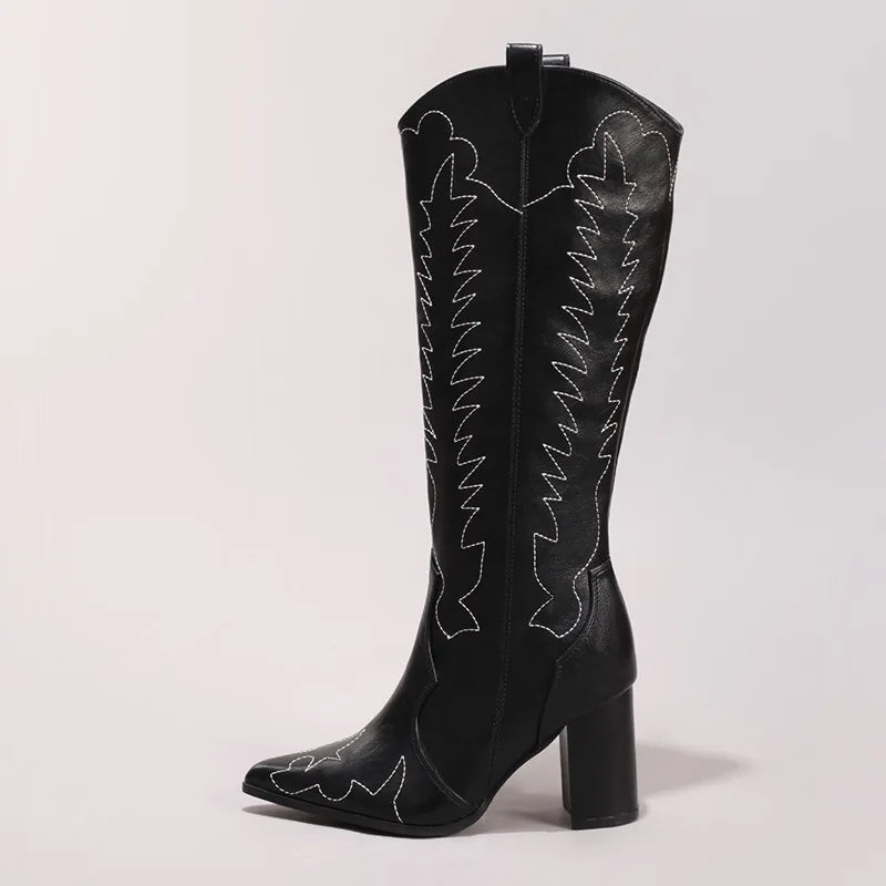 Vintage Western Cowboy Boots Cross-Border Embroidered Knee-High Boots Height Increasing Heel Options Solid Pattern Winter