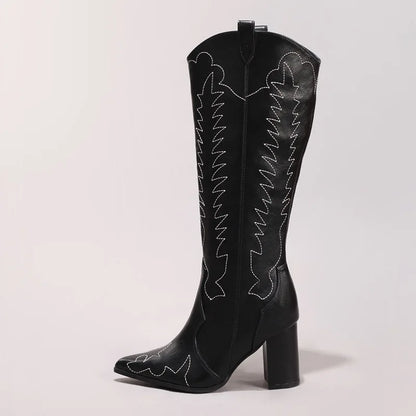 Vintage Western Cowboy Boots Cross-Border Embroidered Knee-High Boots Height Increasing Heel Options Solid Pattern Winter