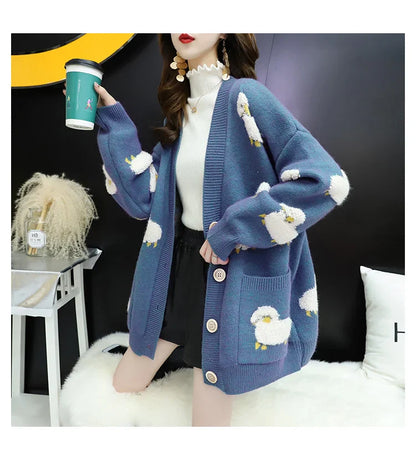 Women Winter Knit Sweater Coat V Neck Sheep Cardigans Christmas Sweaters Warm Knitted Sueter Mujer Loose Long Sleeve Jacket