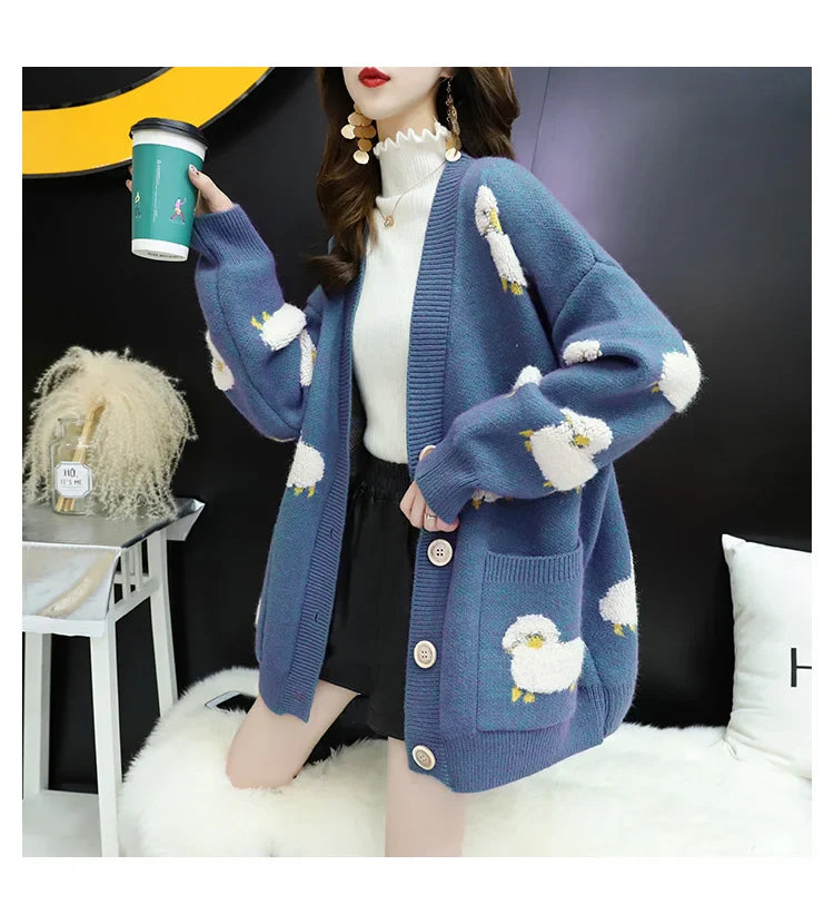 Women Winter Knit Sweater Coat V Neck Sheep Cardigans Christmas Sweaters Warm Knitted Sueter Mujer Loose Long Sleeve Jacket