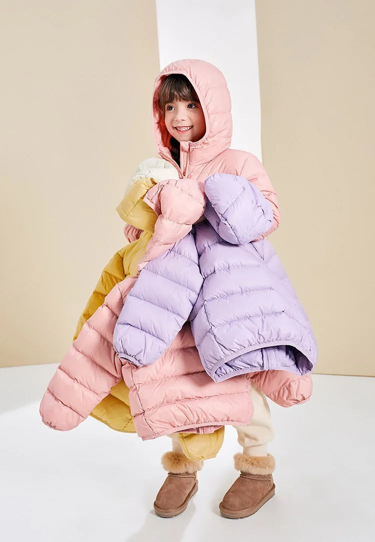 Children's Lightweight Winter Down Jacket New Style Hooded White Duck Down Short Coat for Toddler Boys and Girls