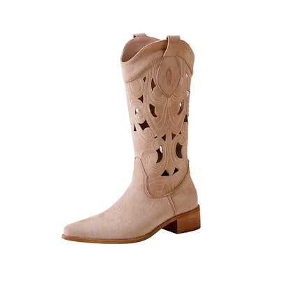 Fashionable New Summer Women's Casual Hollow Out Cool Shoes Thick Heel Embroidered Knight Boots Versatile Midsole Denim Boots
