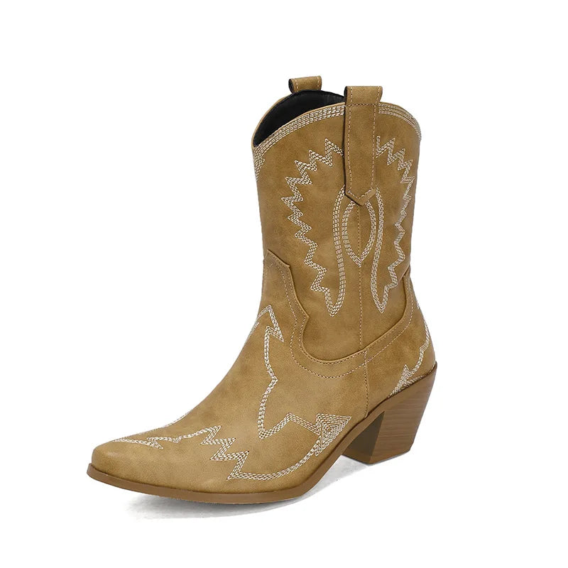 BUSY GIRL XY4777 Ladies Winter Boots Short Fur Warm 6cm Block Heels Custom Embroidery Western Boots Women Cowboy Boots