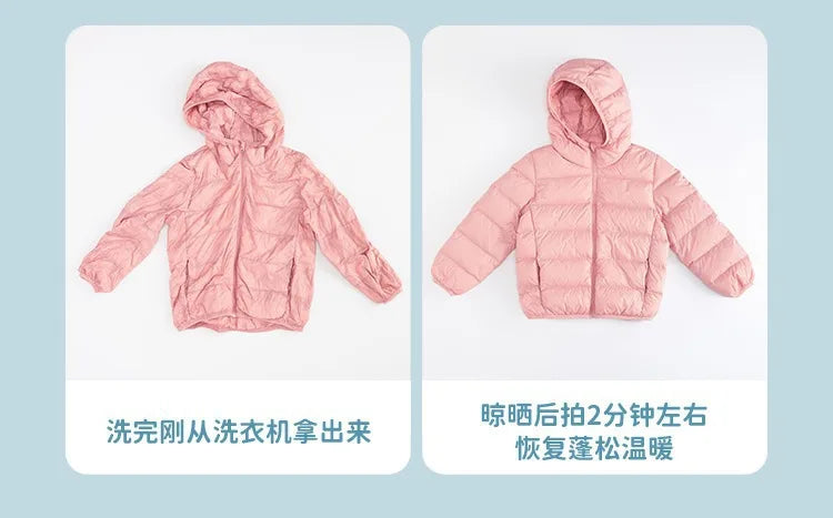 Children's Lightweight Winter Down Jacket New Style Hooded White Duck Down Short Coat for Toddler Boys and Girls